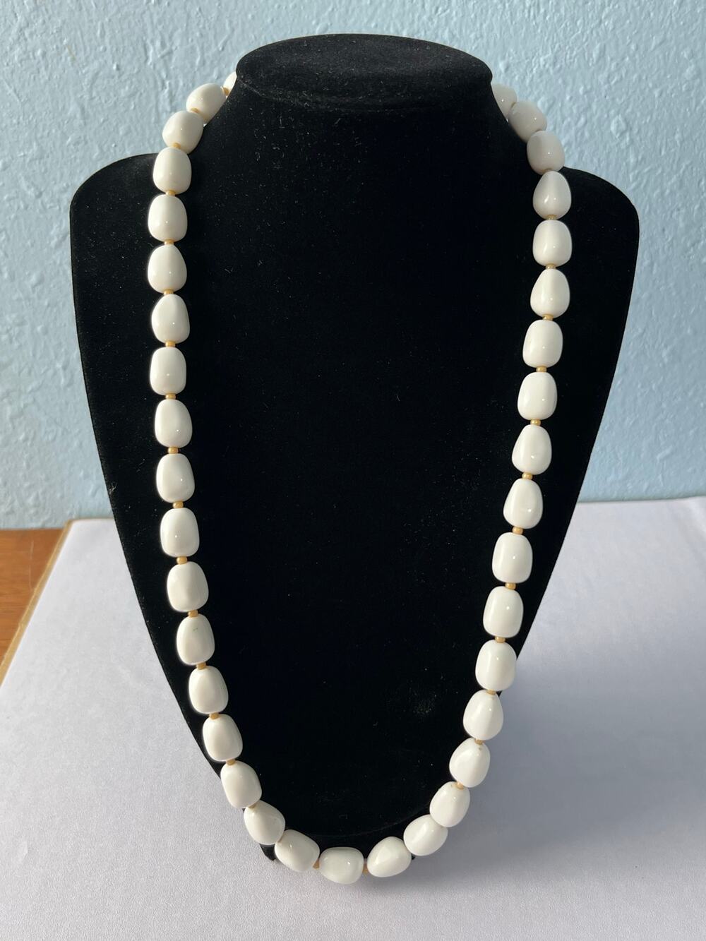 Vintage White Acrylic Bead Necklace GSILVER Clasp Gold Tone Spacer Minimalist